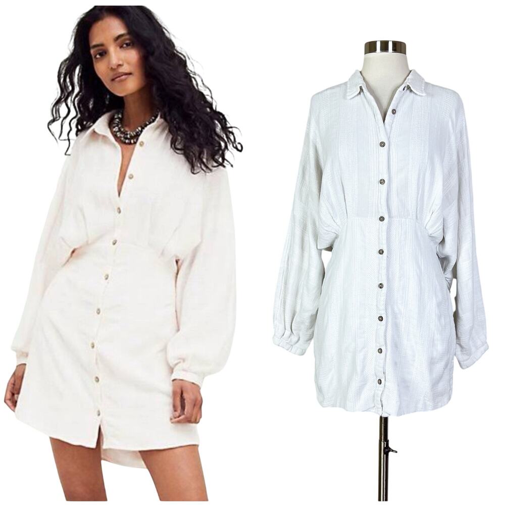 Free People | Moni White Button Cotton Shirtdress Boho Relaxed Mini Dress Medium